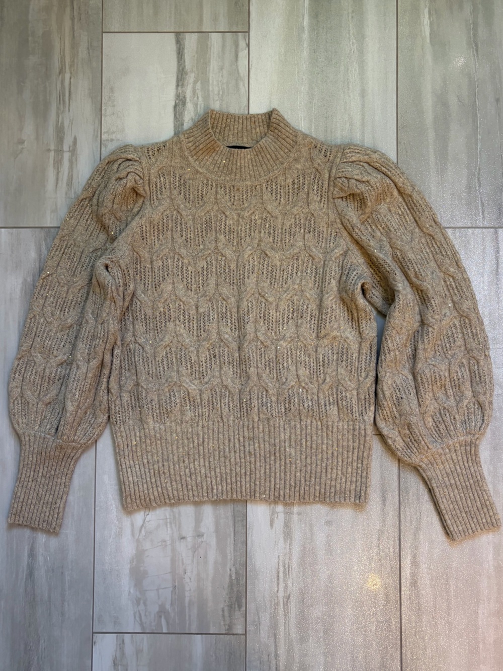 Express Tan Open Cable Knit Puff Sleeve Mock Neck Turtleneck Sweater Women’s S